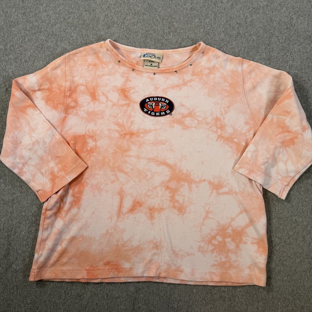 Auburn Tigers VTG LasOlas Women's S Peach Tie Dye 3/4 Sleeve T-Shirt Studded